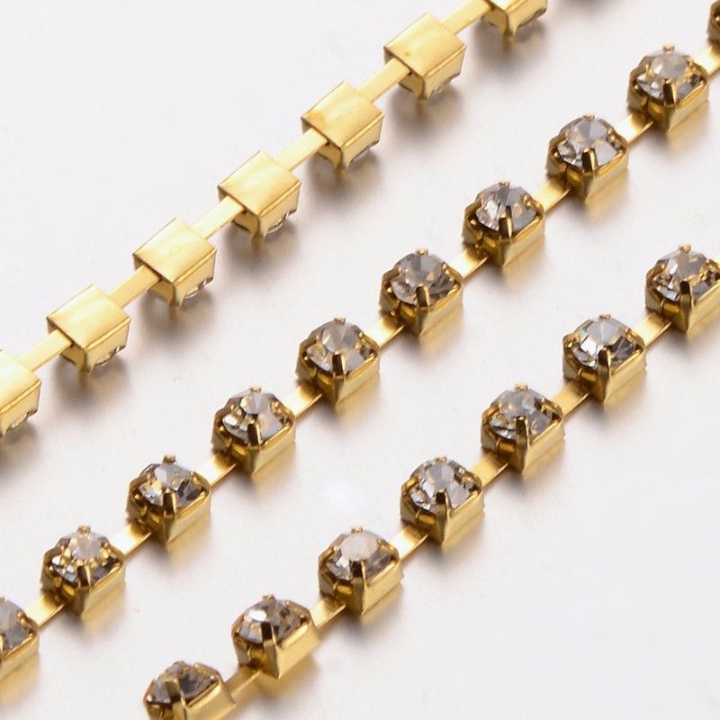 Gold Plated Rhinestone Cup Chain - 3mm Clear - Deborah Beads